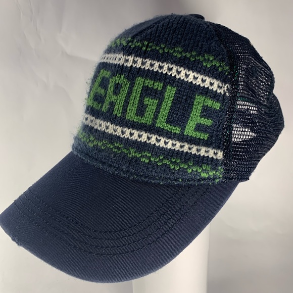 AM Eagle Spell Out Distressed Hat Dark Blue Snapback Knit Trucker Cap - Picture 1 of 7
